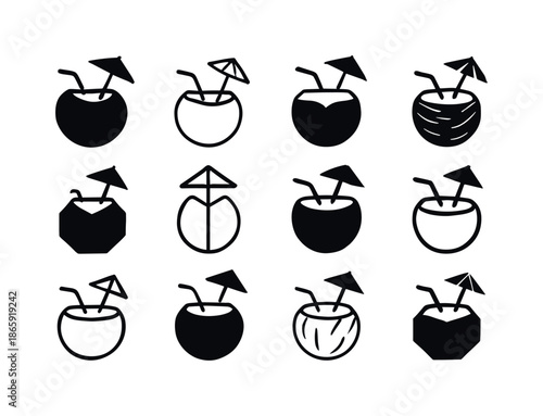 Coconut Drink Logos. coconut drink. Icon set. Set Logo of coconut drink: coconut with umbrella garnish. harmonious logo variations of the same emblematic