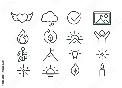 Inspirational Icon Set. Inspirational. Line icon set of Inspirational: heart with wings, dream big cloud, believe icon, limitless horizon, inner peace flame,