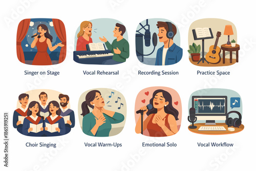 Illustration set of singing and music activities in various settings