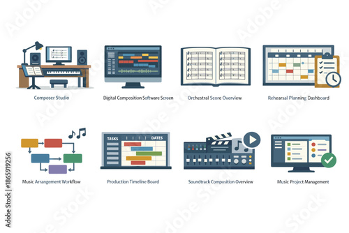 Music production and composition tools vector illustration set