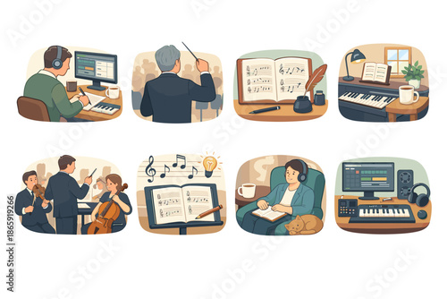 People engaging in music activities including composing, conducting, and playing instruments