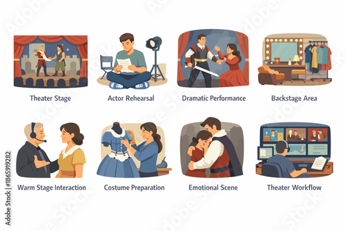 Theater and drama icons set depicting various elements of performance