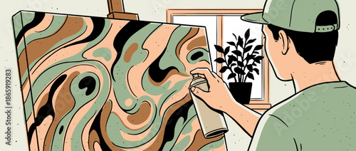 Young artist in a green cap spray paints a large abstract canvas with a fluid wavy pattern, captured in a modern graphic illustration style from an over-the-shoulder view