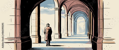 Solitary elderly man in a trench coat and fedora walks through a long, sunlit architectural colonnade in a retro comic book style illustration with halftone shading