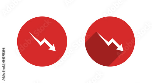 Downward zigzag arrow icon with long shadow. Financial loss indicator, drop progress symbol