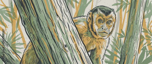 Curious capuchin monkey illustration peeking from behind a tree in a lush jungle, rendered in a graphic, hand-drawn style with a limited earthy color palette and halftone details