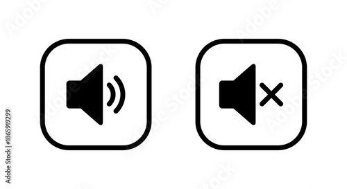 Speaker volume icon in square outline. Sound and mute audio symbol. Loud and silent sign
