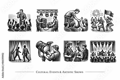 Black and white illustrations of various cultural and artistic events