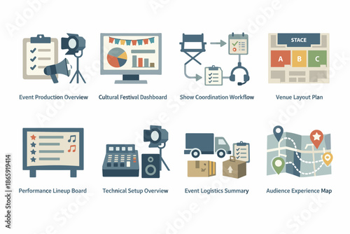 Event management icons set showcasing various planning and logistics concepts