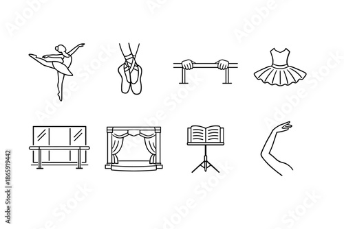 Ballet-themed vector icon set with dancer, bar, and tutu
