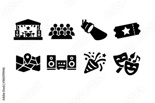 Set of party and entertainment icons in solid black style
