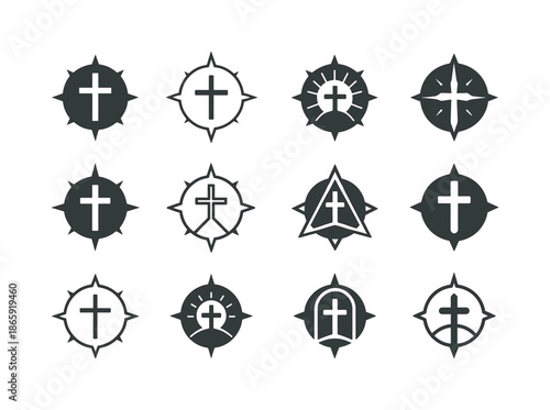 Sacred Journey Icons. Pilgrimage routes and sacred destinations. Icon set. Set Logo of pilgrimage routes and sacred destinations: compass + spiritual symbol.