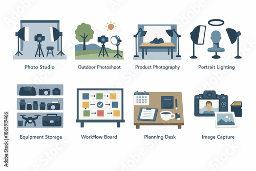 Photography and studio setup illustration with equipment and lighting scenes