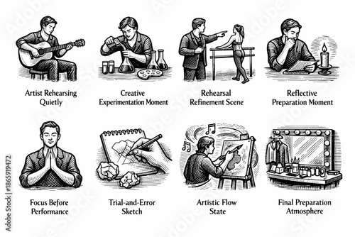 Illustration of creative processes and artistic moments in eight scenes