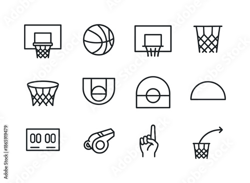 Basketball Line Icon Set. Basketball hoop. Line icon set of Basketball hoop: basketball hoop, basketball ball, backboard, net, rim, court lines, three-point