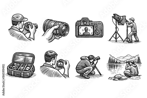 Photography equipment and photographers in ink-style illustrations