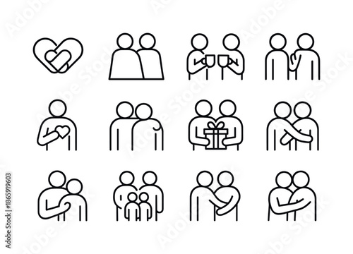 Warm Connections Icons. Warm connections. Line icon set of Warm connections: heart link, shared blanket, holding mugs, close conversation, friendly wave, heart