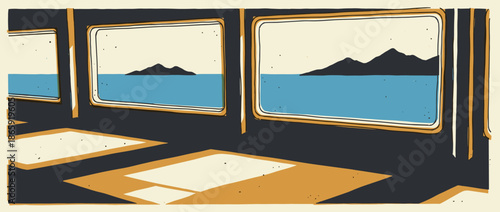 Interior of a quiet, empty passenger train car looking out the windows at a beautiful blue sea and island landscape on a sunny day, depicted in a vintage graphic art style