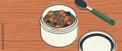 Hearty vegetable and meat stew in an open thermos food jar with a spoon, depicted in a rustic hand-drawn illustration style on a wooden tabletop from a top-down view