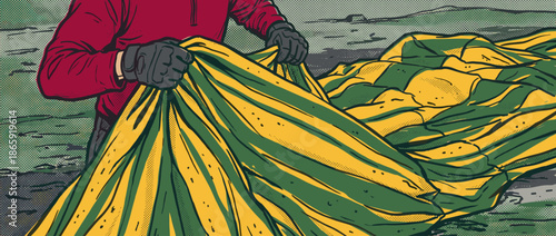 Person in a red jacket and gloves unfolds a large green and yellow striped tent in a hilly landscape, rendered in a bold comic book art style with halftone textures