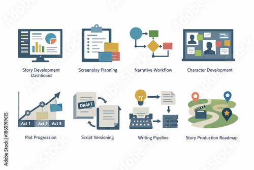 Story development and planning icons set for creative projects