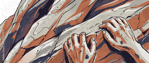 Climber's hands gripping a rugged rock face in a graphic comic book style illustration showing determination and strength during a difficult ascent