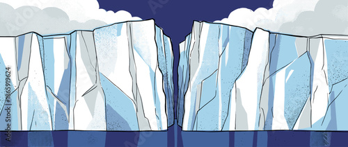 Two large illustrated icebergs with sharp edges are separated by a narrow channel of water in a stylized comic book art style with halftone textures and a dramatic, cold mood