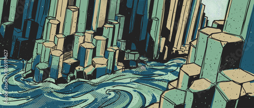 Columnar basalt rock formations rise from a swirling river in a dramatic comic book style illustration with bold lines and halftone textures for a graphic novel aesthetic