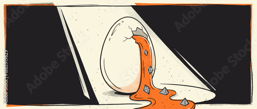 Large cracked egg spilling orange goo and tabletop gaming dice is dramatically lit in a surreal, graphic novel style drawing with a distressed, vintage texture