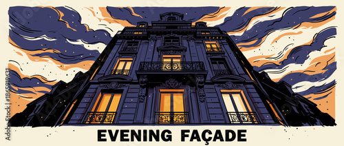 Graphic illustration of an ornate building facade viewed from a dramatic low angle at dusk, featuring warm glowing windows and a moody, swirling sky
