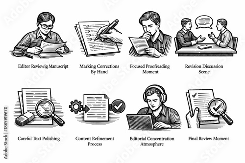 Illustration of various editorial tasks in vintage style