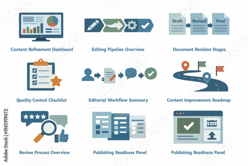 Set of icons for content management and editing processes