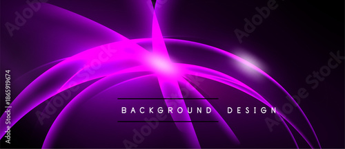 Abstract purple design features flowing lines, bright center glow. Dark background enhances vibrant curves, modern aesthetic.