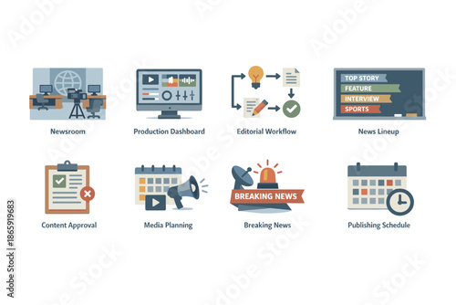 News and media workflow vector illustration with icons showing various stages