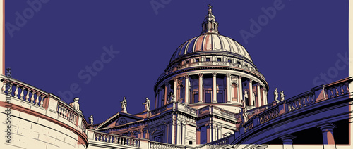 Majestic domed cathedral with classical architecture is shown in a striking graphic illustration with bold lines, dramatic lighting, and a vintage comic book aesthetic