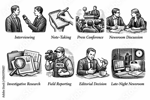 Journalism activities illustrated in black and white sketches