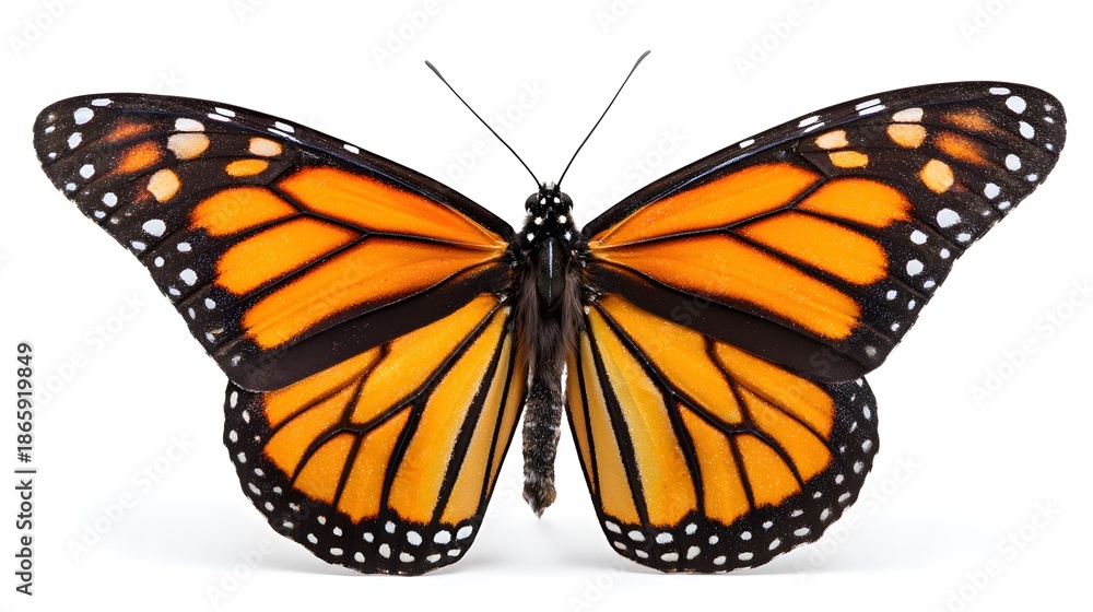 Fototapeta premium Close-up of monarch butterfly displaying bright orange and black wing patterns, isolated on white