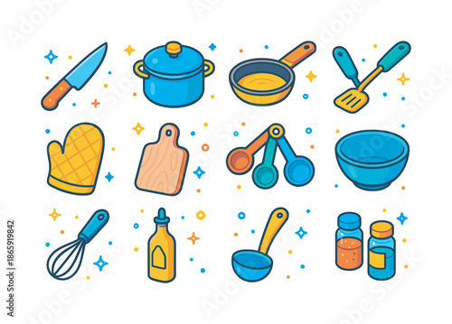 Colorful Cooking Icons. Cooking essentials. Colorful isometric vector icons set of cooking essentials: knife, pot, pan, spatula, whisk, ladle, oven mitt,