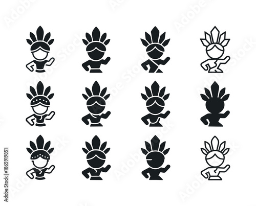 Traditional Dance Icons. Learning traditional dance steps. Icon set. Set Logo of Learning traditional dance steps: traditional headpiece. harmonious logo