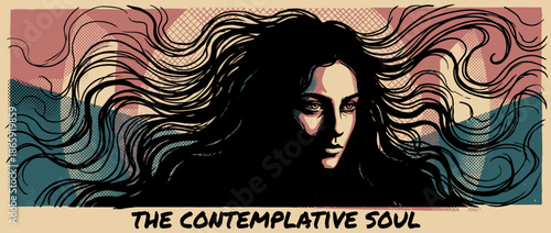 Graphic illustration of a mysterious woman's face with long, flowing black hair in a dramatic, high-contrast comic book style with a contemplative and intense expression