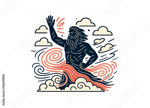 Storm God Illustration. A god controlling the winds and the storms. A towering figure raises an arm as swirling gusts coil around; floating cloud shards circle