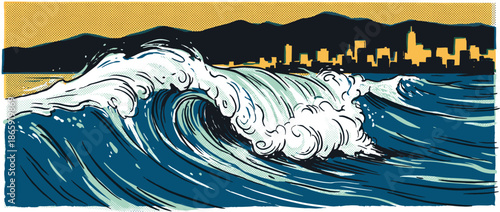 Large stylized ocean wave illustration crashes towards a modern city skyline in a dramatic pop art comic book style with halftone patterns and bold outlines