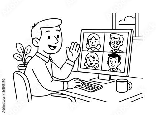 Virtual Meeting Coloring Page. Virtual meeting at home children?s coloring book illustration, outlined drawing, adult waving at a screen with cartoon coworker