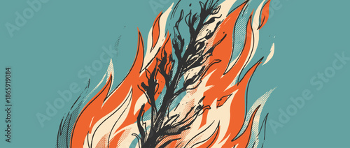 Burning black plant branch engulfed in stylized orange flames, a powerful retro illustration with graphic hand-drawn lines and halftone textures creating a dramatic effect