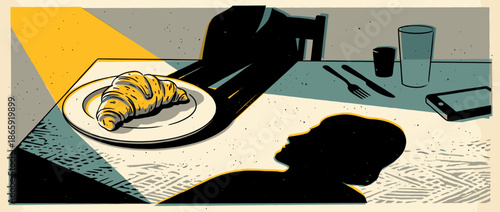 Mysterious breakfast table with a croissant on a plate is cast in dramatic light and shadow, creating a lonely and suspenseful film noir illustration