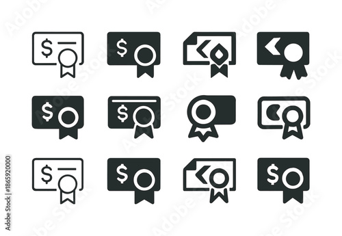 Bonus Check Logos. Bonus check. Icon set. Set Logo of bonus check: check with ribbon seal. harmonious logo variations of the same emblematic concept, each with