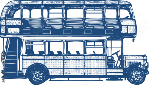 Vintage Blue Double Decker Bus Illustration with Detailed Hatching and White Background vintage bus