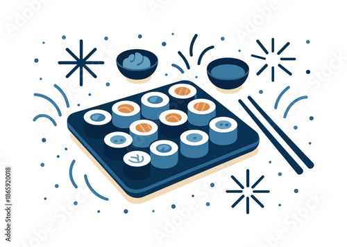 Sushi Festivity. Sushi platter celebration. A festive table with arranged sushi rolls; spark icons and curved lines expressing joy. Minimal confetti-style dots
