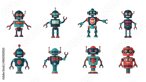 Retro Vintage Robot Character Set. Classic Mechanical Android Toy Collection. Industrial Robotic Technology and Automation Illustration.