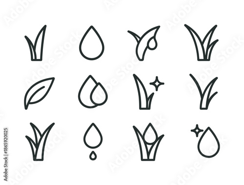 Blade and Droplet Icons. Blade and droplet. Line icon set of blade and droplet: grass blade, heavy droplet, tiny bead, leaf curve, water cling, double droplet,